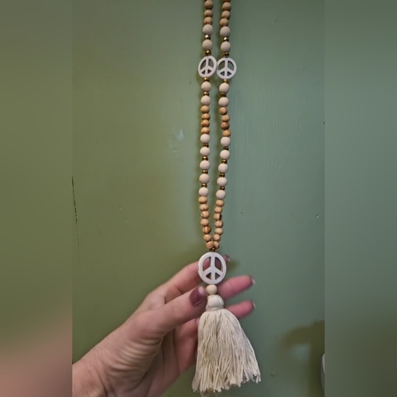 Peace Sign Tassel Wood Beaded Handmade Long Necklace - Picture 8 of 12